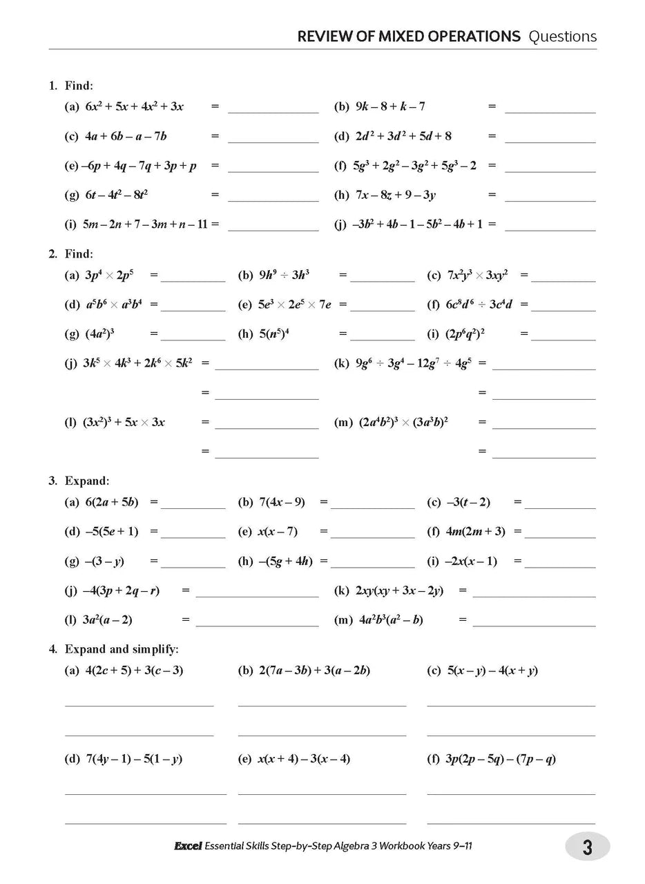 Sample interior page from the Excel Essential Skills Step-by-Step Algebra 3 Workbook Years 9-11 as shown in the Pascal Press gallery