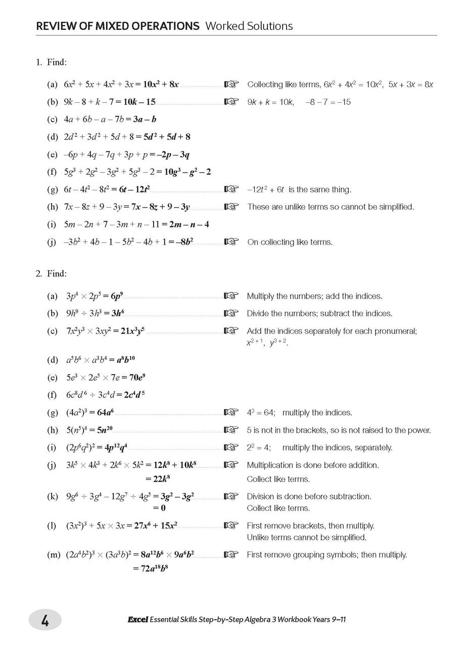 Sample interior page from the Excel Essential Skills Step-by-Step Algebra 3 Workbook Years 9-11 as shown in the Pascal Press gallery