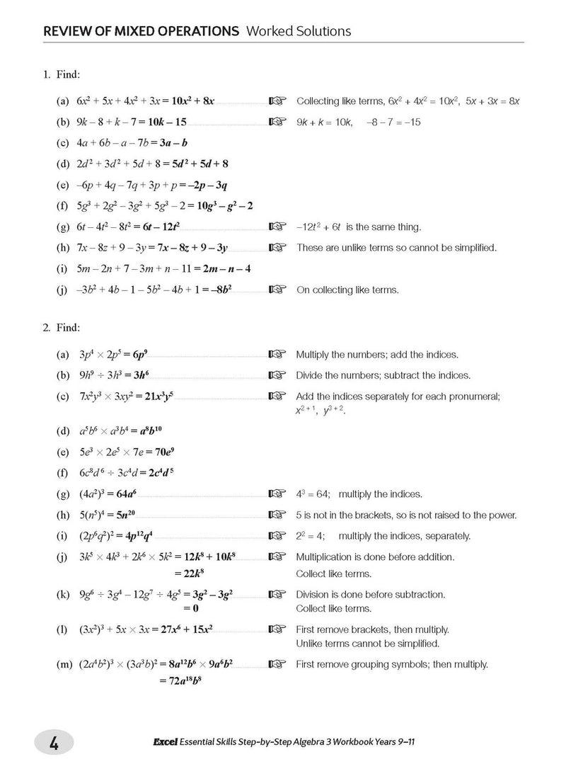 Sample interior page from the Excel Essential Skills Step-by-Step Algebra 3 Workbook Years 9-11 as shown in the Pascal Press gallery
