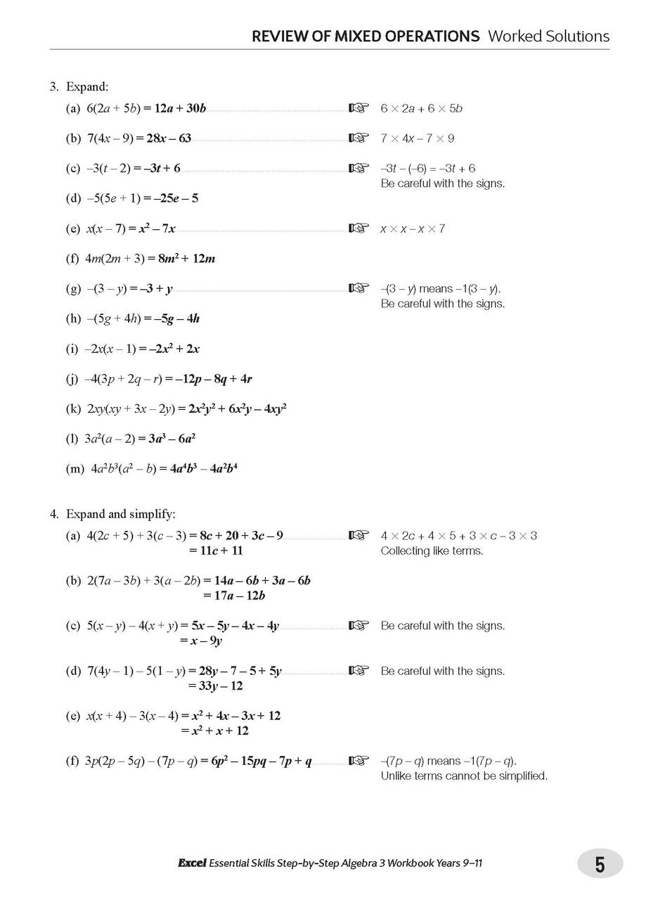 Sample interior page from the Excel Essential Skills Step-by-Step Algebra 3 Workbook Years 9-11 as shown in the Pascal Press gallery