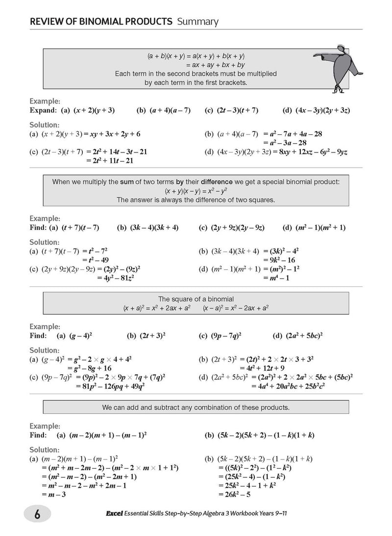 Sample interior page from the Excel Essential Skills Step-by-Step Algebra 3 Workbook Years 9-11 as shown in the Pascal Press gallery