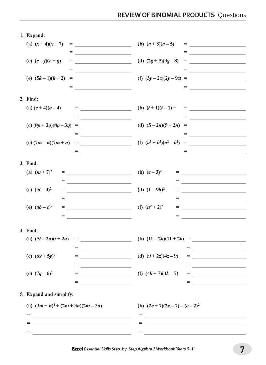 Sample interior page from the Excel Essential Skills Step-by-Step Algebra 3 Workbook Years 9-11 as shown in the Pascal Press gallery