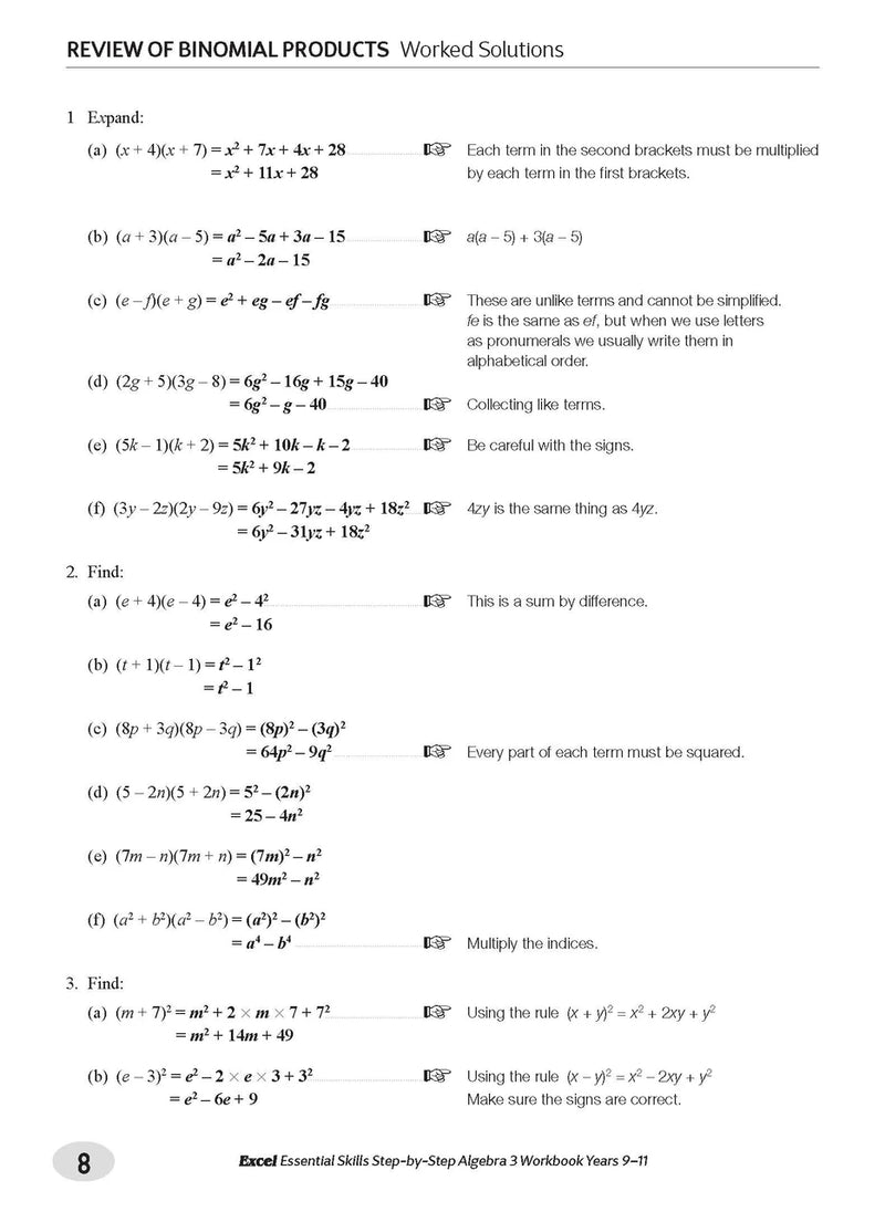 Sample interior page from the Excel Essential Skills Step-by-Step Algebra 3 Workbook Years 9-11 as shown in the Pascal Press gallery