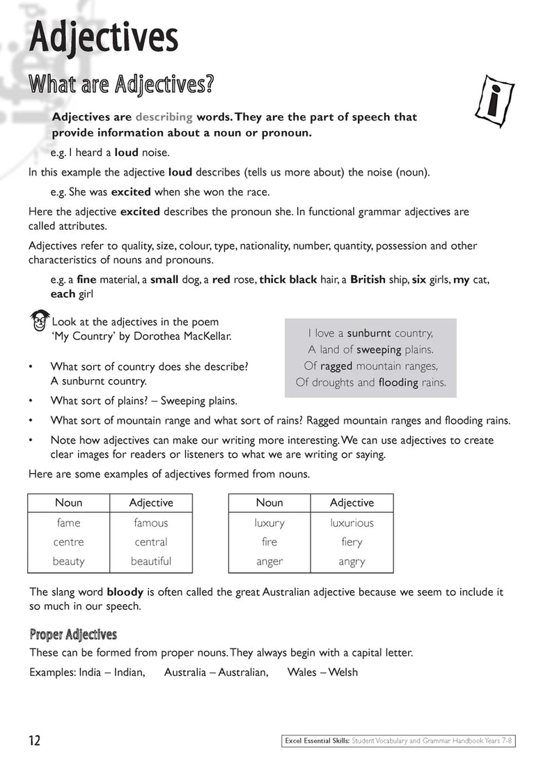 Sample interior page from the Excel Essential Skills Student Grammar and Vocabulary Handbook Years 7-8 as shown in the publisher preview