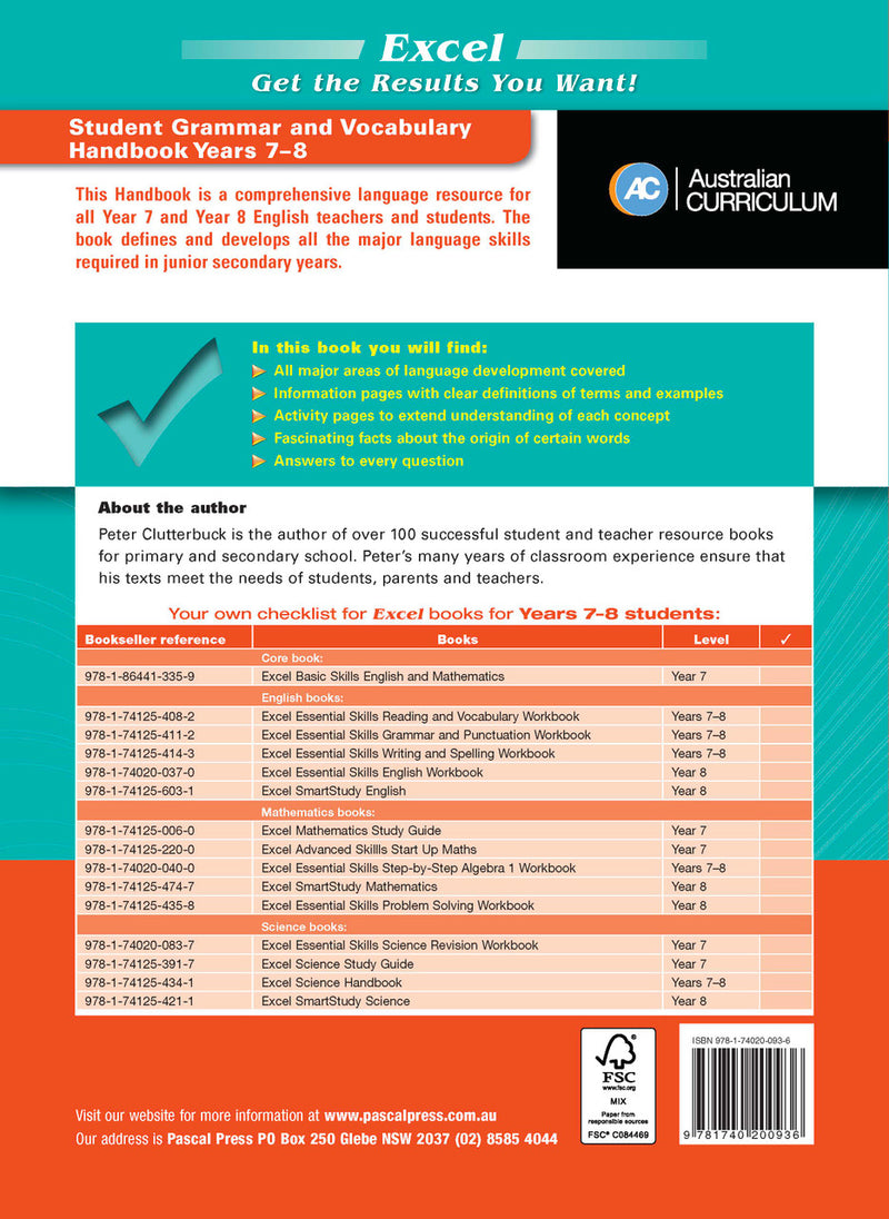 Final preview image from the publisher gallery for the Excel Essential Skills Student Grammar and Vocabulary Handbook Years 7-8