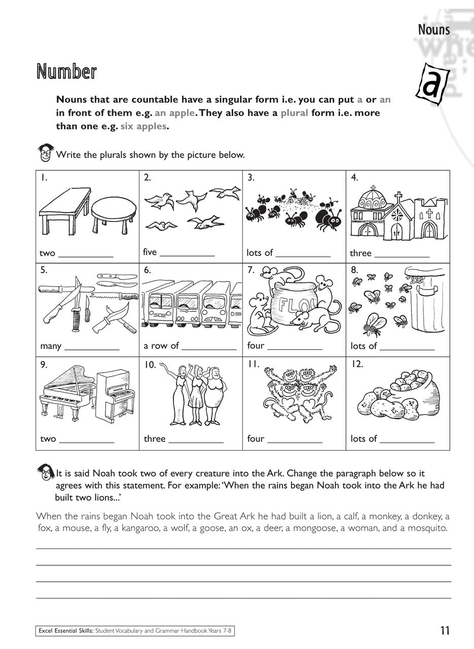 Sample interior page from the Excel Essential Skills Student Grammar and Vocabulary Handbook Years 7-8 as shown in the publisher preview
