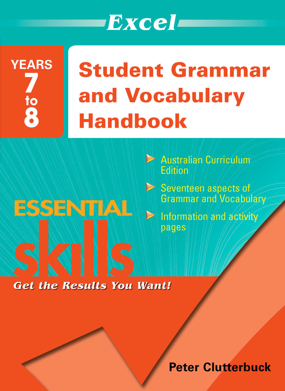 Main publisher image showing the front cover of the Excel Essential Skills Student Grammar and Vocabulary Handbook Years 7-8