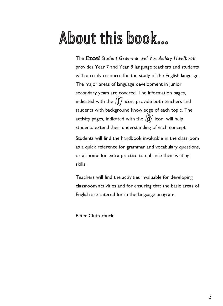 Sample interior page from the Excel Essential Skills Student Grammar and Vocabulary Handbook Years 7-8 as shown in the publisher preview