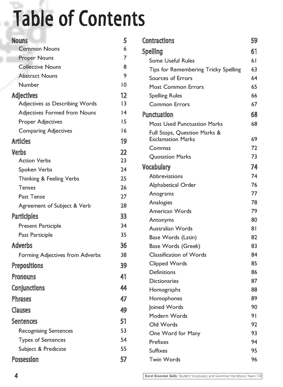 Sample interior page from the Excel Essential Skills Student Grammar and Vocabulary Handbook Years 7-8 as shown in the publisher preview
