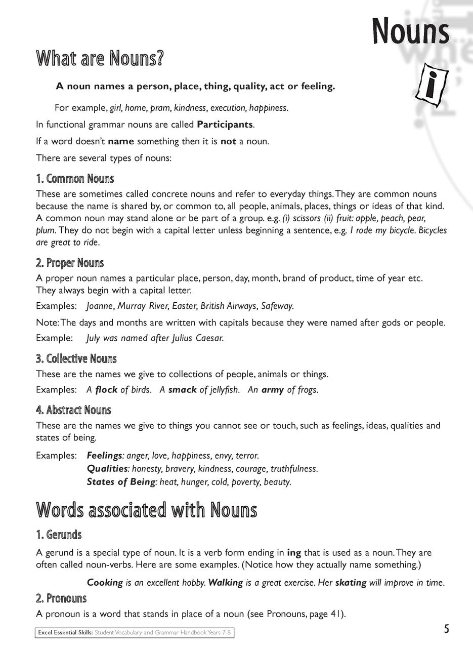 Sample interior page from the Excel Essential Skills Student Grammar and Vocabulary Handbook Years 7-8 as shown in the publisher preview