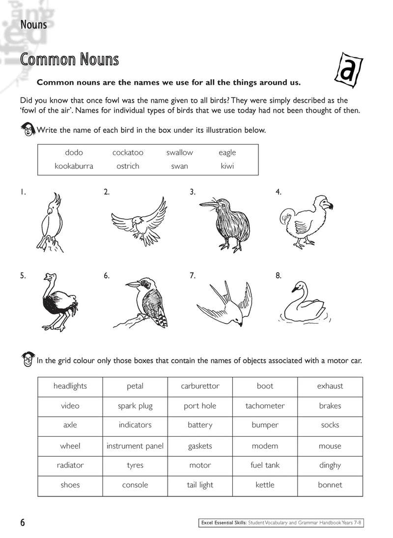 Sample interior page from the Excel Essential Skills Student Grammar and Vocabulary Handbook Years 7-8 as shown in the publisher preview