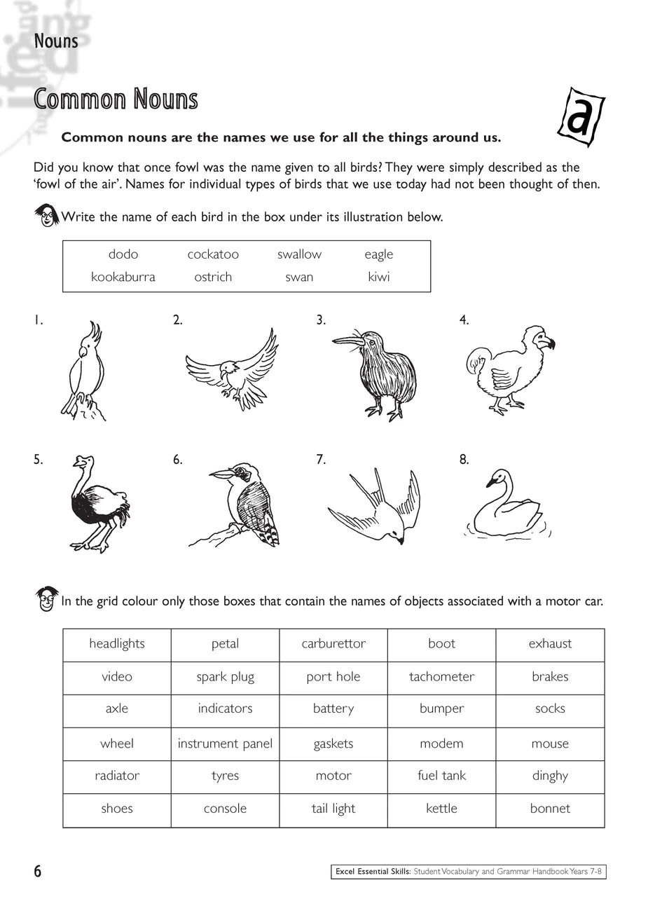 Sample interior page from the Excel Essential Skills Student Grammar and Vocabulary Handbook Years 7-8 as shown in the publisher preview