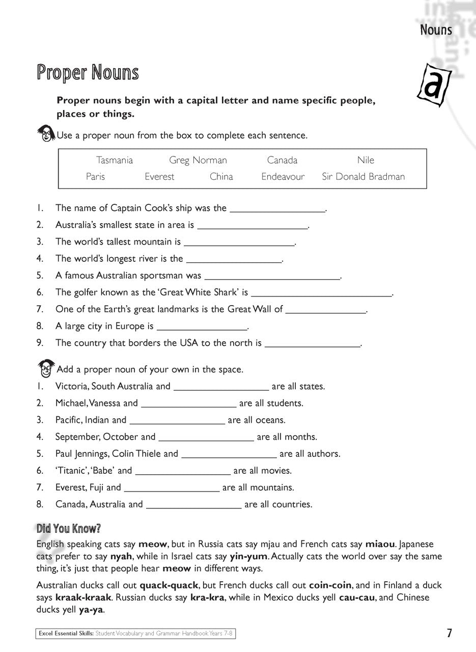 Sample interior page from the Excel Essential Skills Student Grammar and Vocabulary Handbook Years 7-8 as shown in the publisher preview