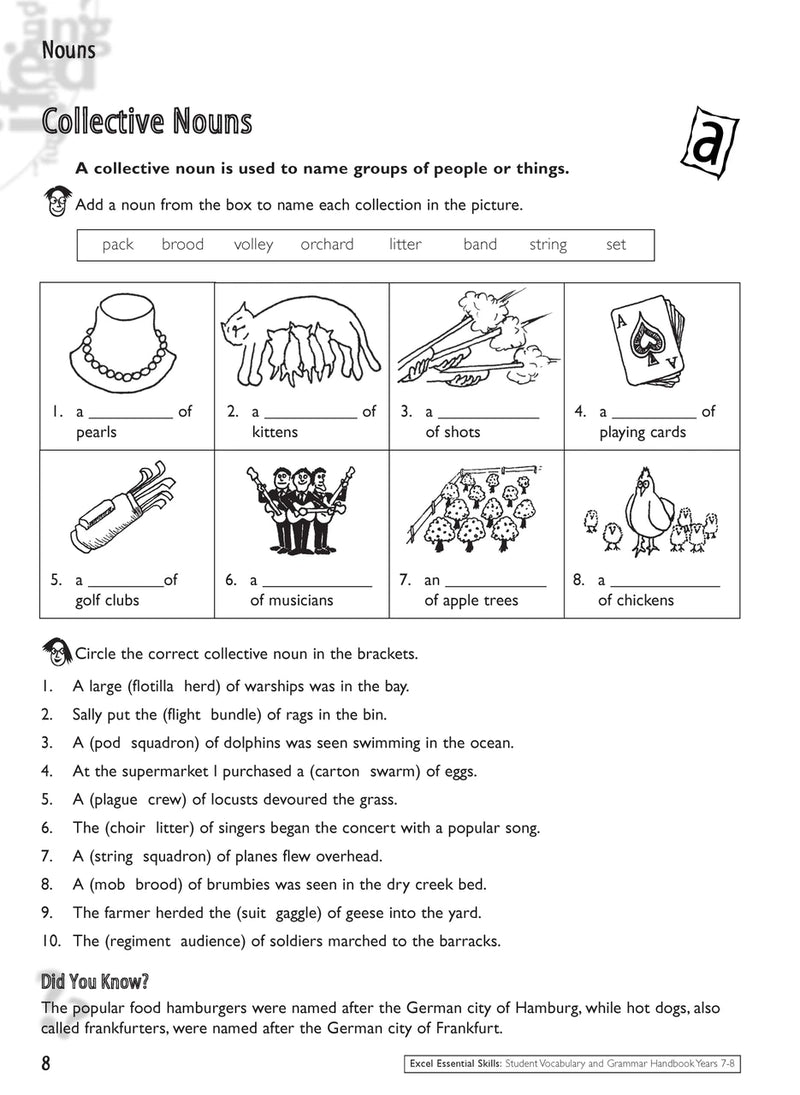 Sample interior page from the Excel Essential Skills Student Grammar and Vocabulary Handbook Years 7-8 as shown in the publisher preview