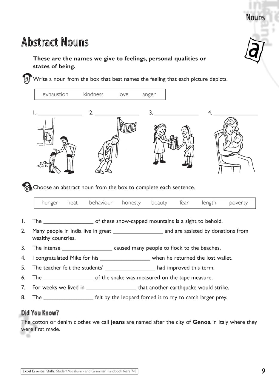 Sample interior page from the Excel Essential Skills Student Grammar and Vocabulary Handbook Years 7-8 as shown in the publisher preview