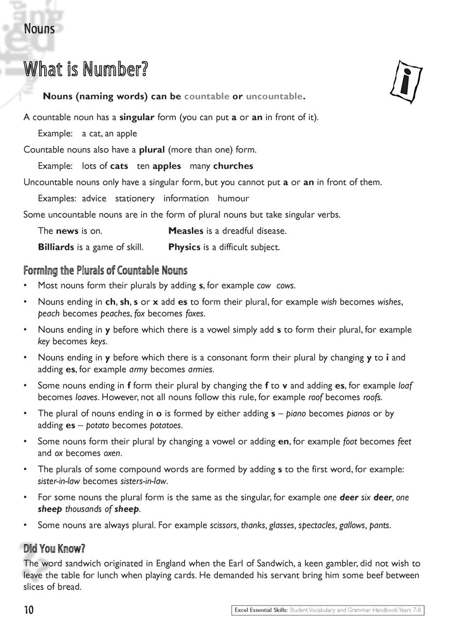 Sample interior page from the Excel Essential Skills Student Grammar and Vocabulary Handbook Years 7-8 as shown in the publisher preview