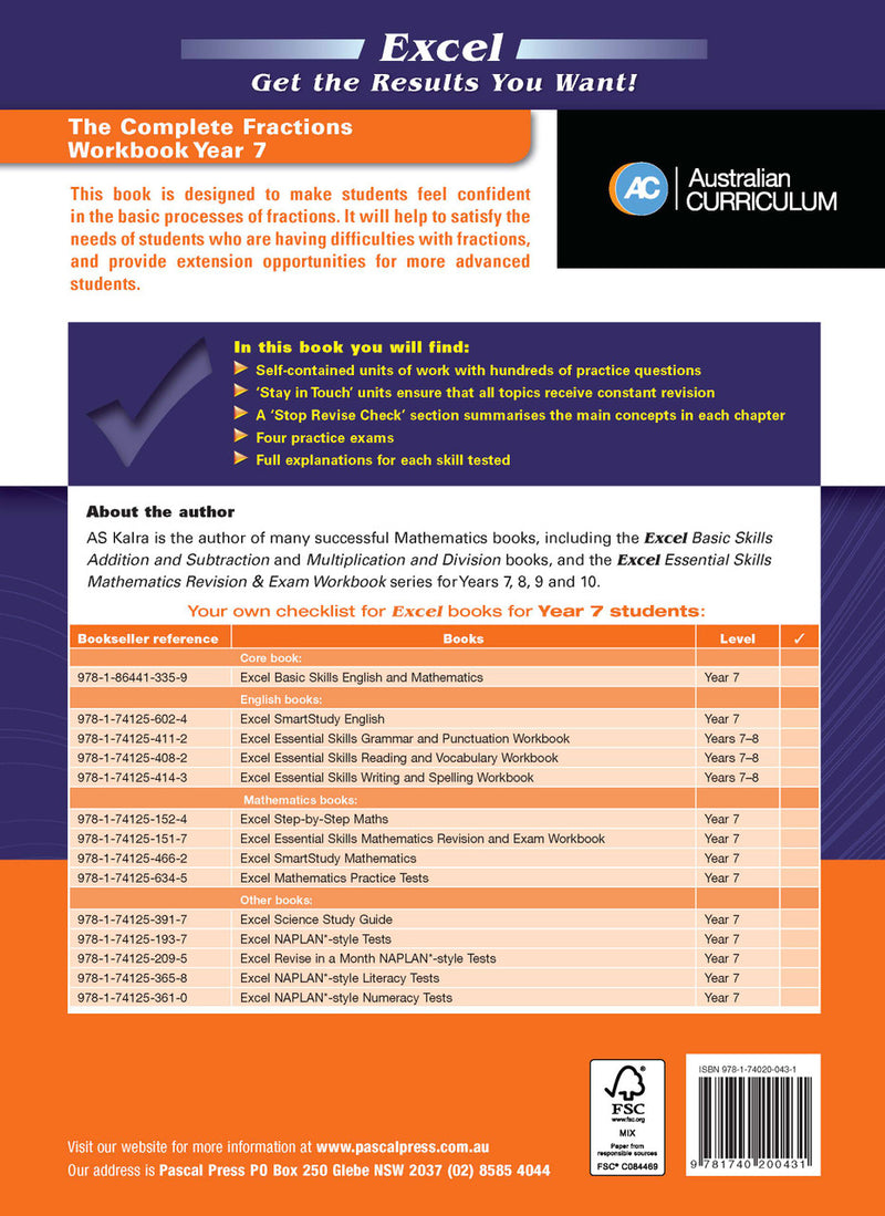 Further page image from the Pascal Press gallery for the Excel Essential Skills The Complete Fractions Workbook Year 7, such as the back cover or an extra sample page