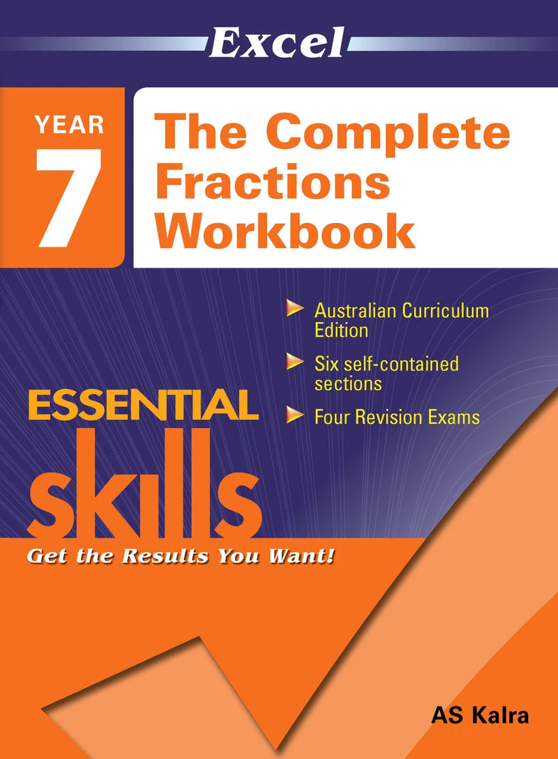 Front cover of the Excel Essential Skills The Complete Fractions Workbook Year 7 from Pascal Press, shown as the main product image