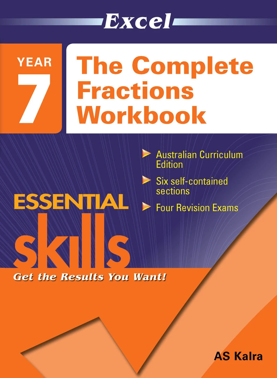 Front cover of the Excel Essential Skills The Complete Fractions Workbook Year 7 from Pascal Press, shown as the main product image
