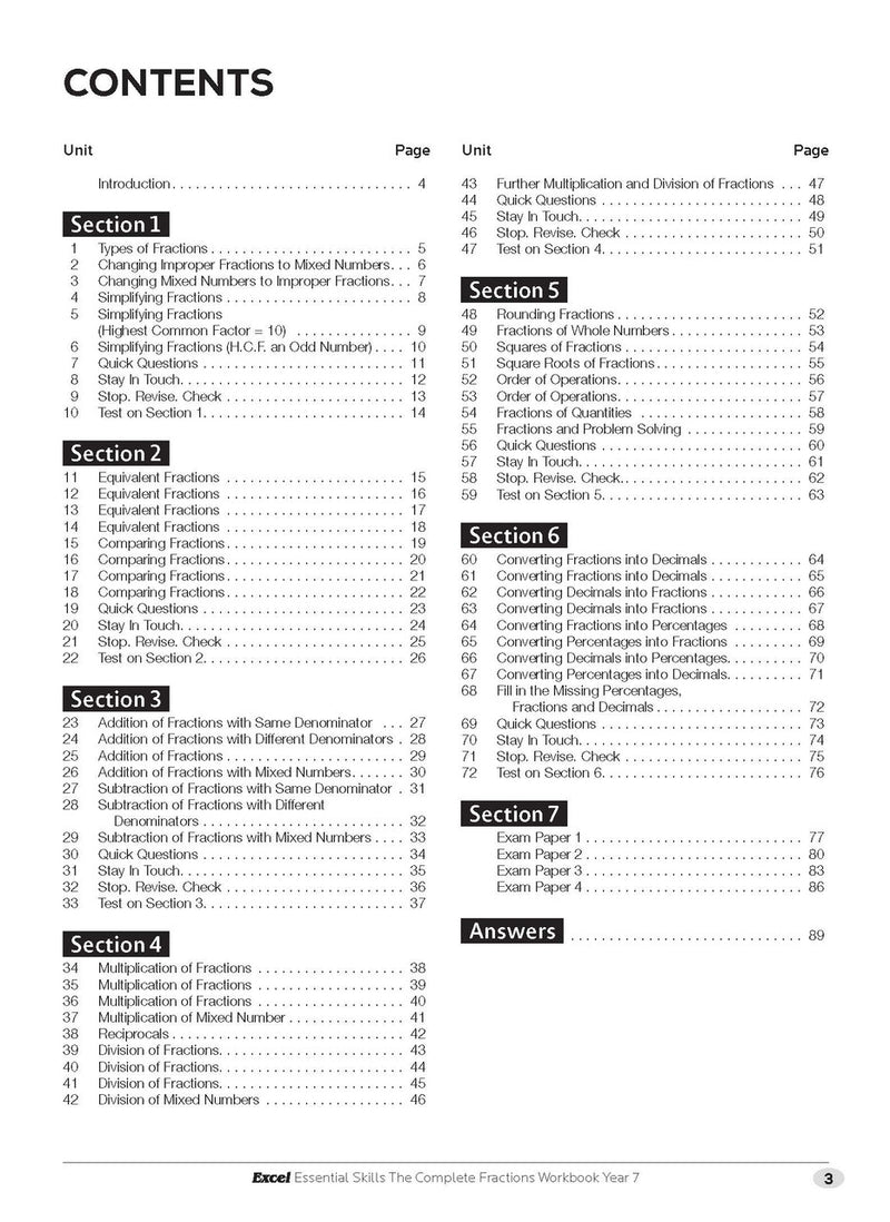 Sample interior page from the Excel Essential Skills The Complete Fractions Workbook Year 7 as shown in the Pascal Press gallery