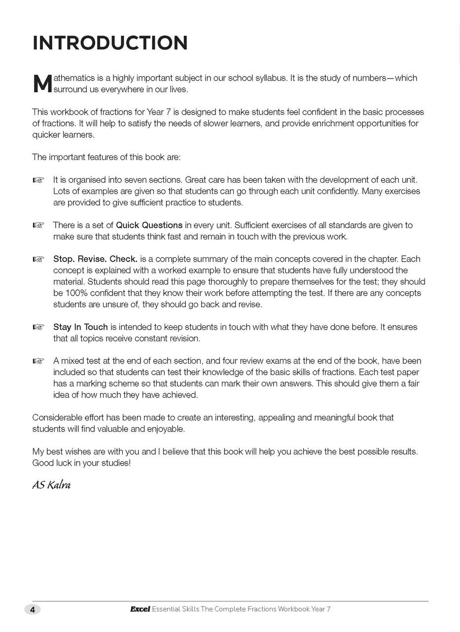 Sample interior page from the Excel Essential Skills The Complete Fractions Workbook Year 7 as shown in the Pascal Press gallery