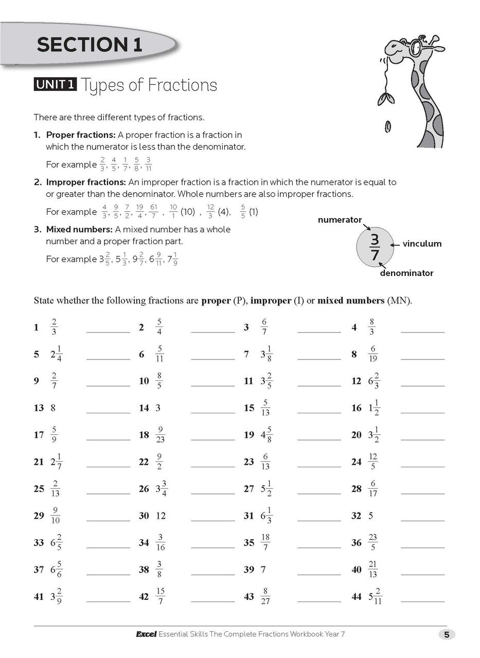 Sample interior page from the Excel Essential Skills The Complete Fractions Workbook Year 7 as shown in the Pascal Press gallery