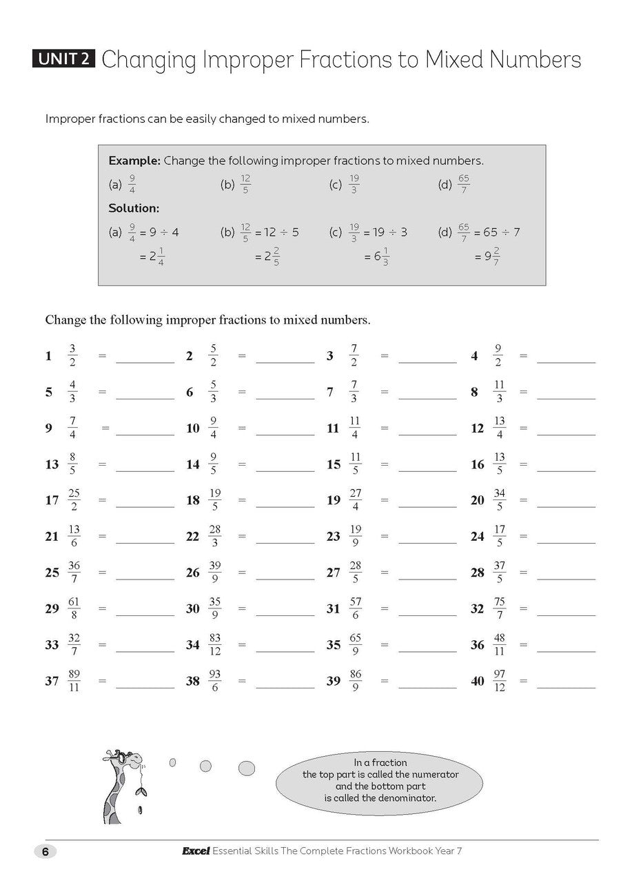 Sample interior page from the Excel Essential Skills The Complete Fractions Workbook Year 7 as shown in the Pascal Press gallery