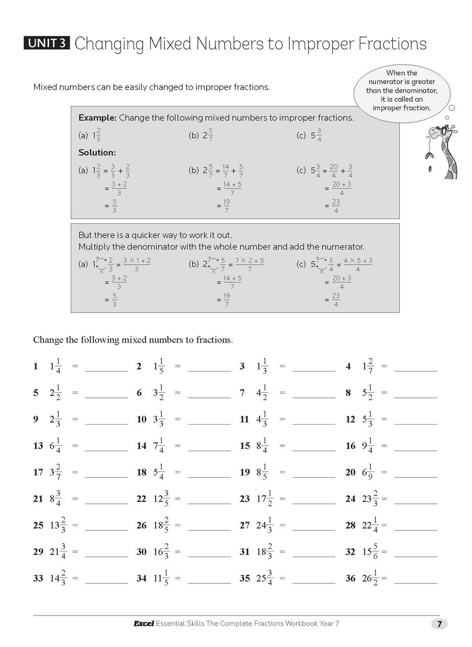 Sample interior page from the Excel Essential Skills The Complete Fractions Workbook Year 7 as shown in the Pascal Press gallery