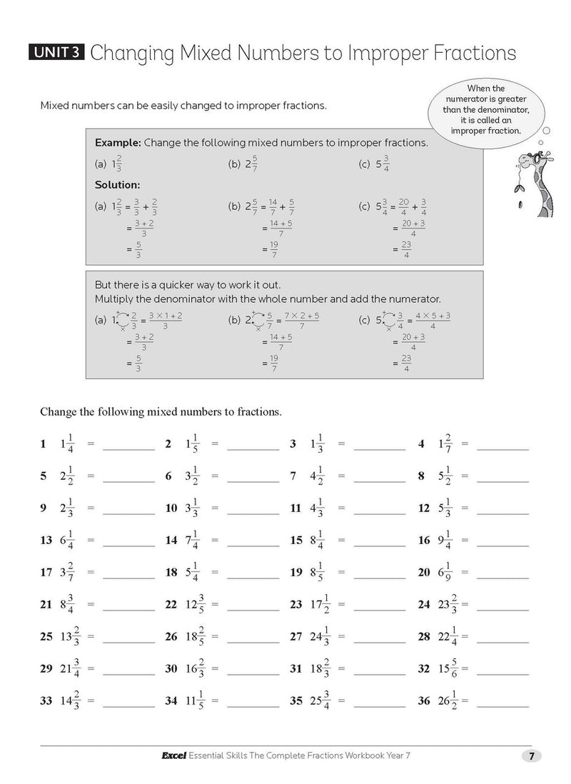 Sample interior page from the Excel Essential Skills The Complete Fractions Workbook Year 7 as shown in the Pascal Press gallery