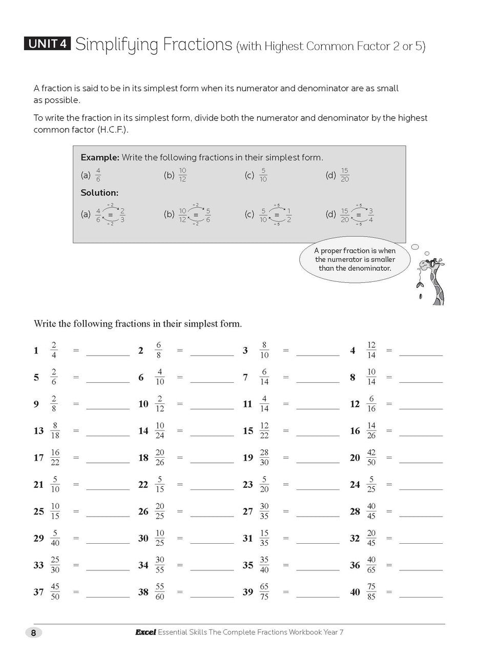 Sample interior page from the Excel Essential Skills The Complete Fractions Workbook Year 7 as shown in the Pascal Press gallery