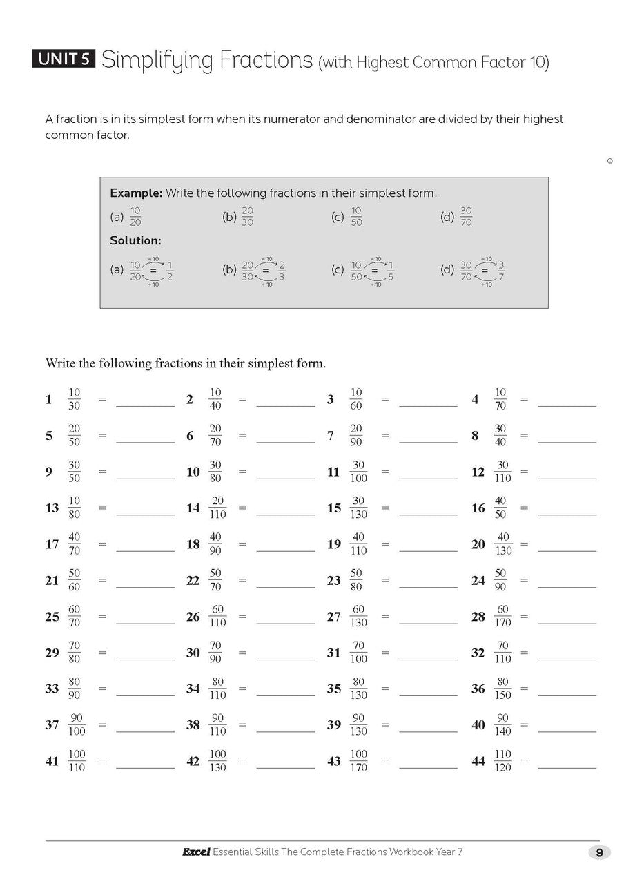 Sample interior page from the Excel Essential Skills The Complete Fractions Workbook Year 7 as shown in the Pascal Press gallery