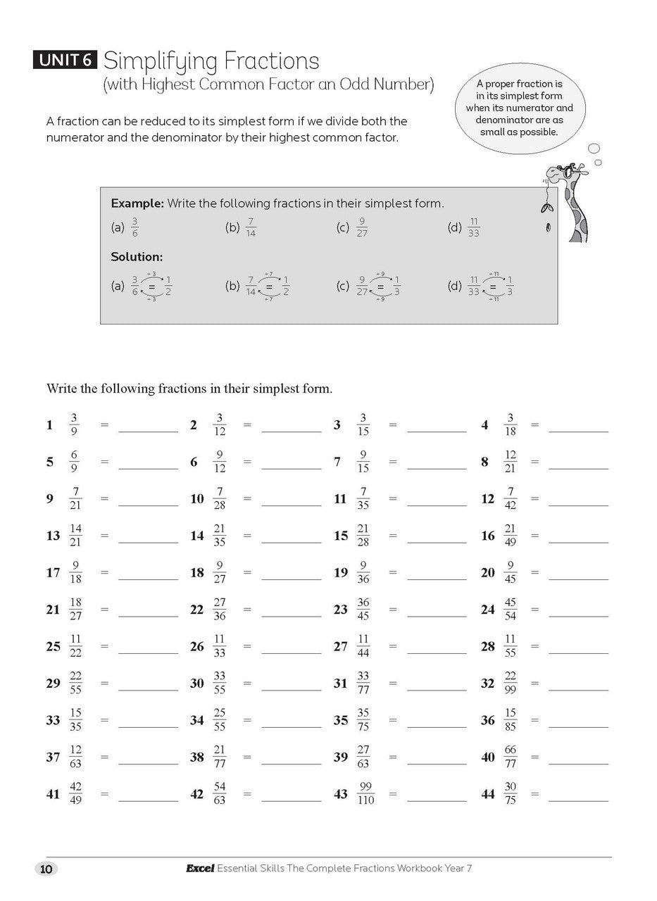 Sample interior page from the Excel Essential Skills The Complete Fractions Workbook Year 7 as shown in the Pascal Press gallery