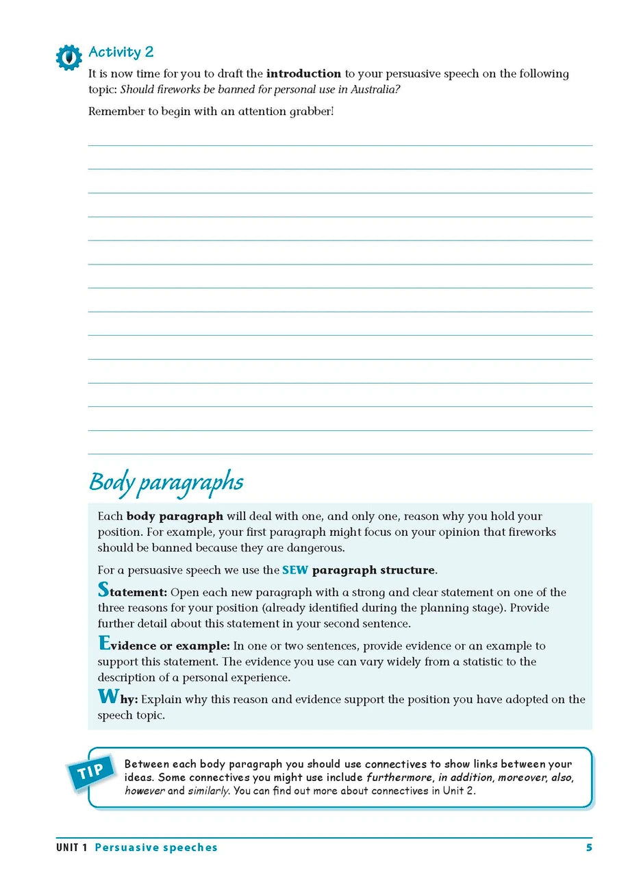 Sample interior page from the Excel Essential Skills Writing and Spelling Workbook Years 7-8 as shown in the publisher preview