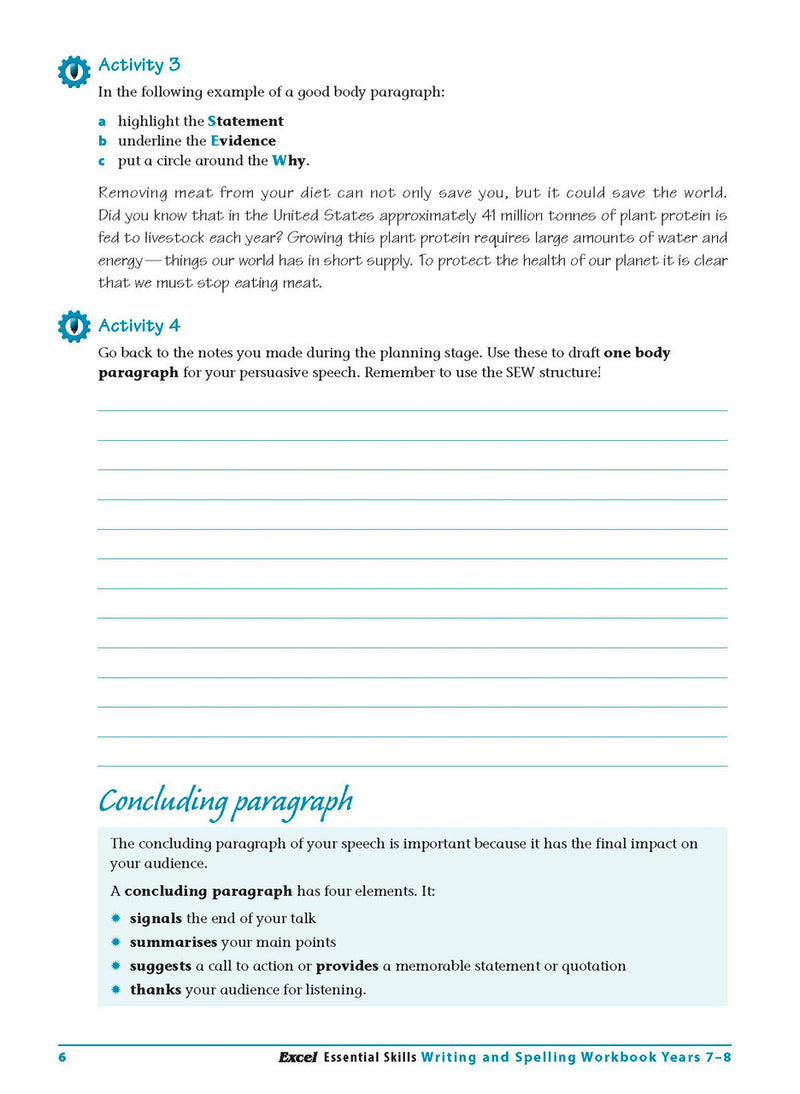 Sample interior page from the Excel Essential Skills Writing and Spelling Workbook Years 7-8 as shown in the publisher preview