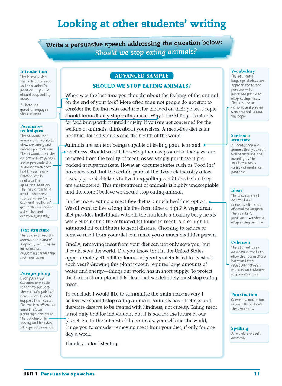 Sample interior page from the Excel Essential Skills Writing and Spelling Workbook Years 7-8 as shown in the publisher preview
