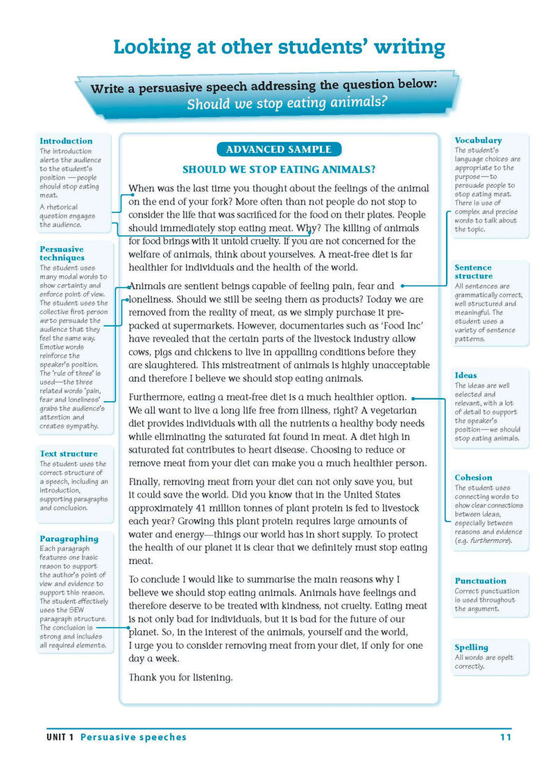 Sample interior page from the Excel Essential Skills Writing and Spelling Workbook Years 7-8 as shown in the publisher preview