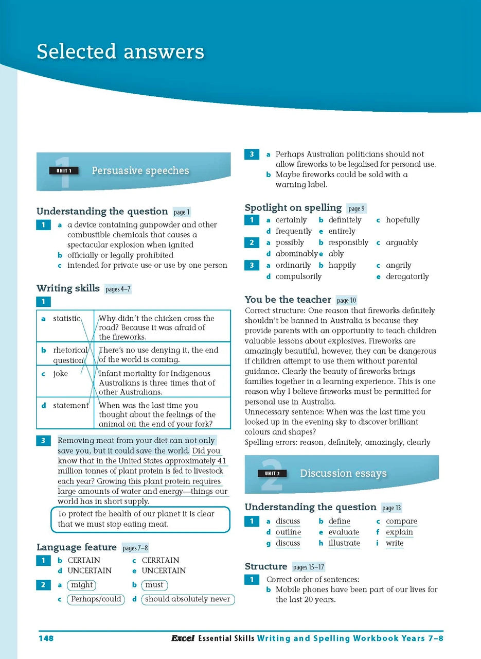 Sample interior page from the Excel Essential Skills Writing and Spelling Workbook Years 7-8 as shown in the publisher preview
