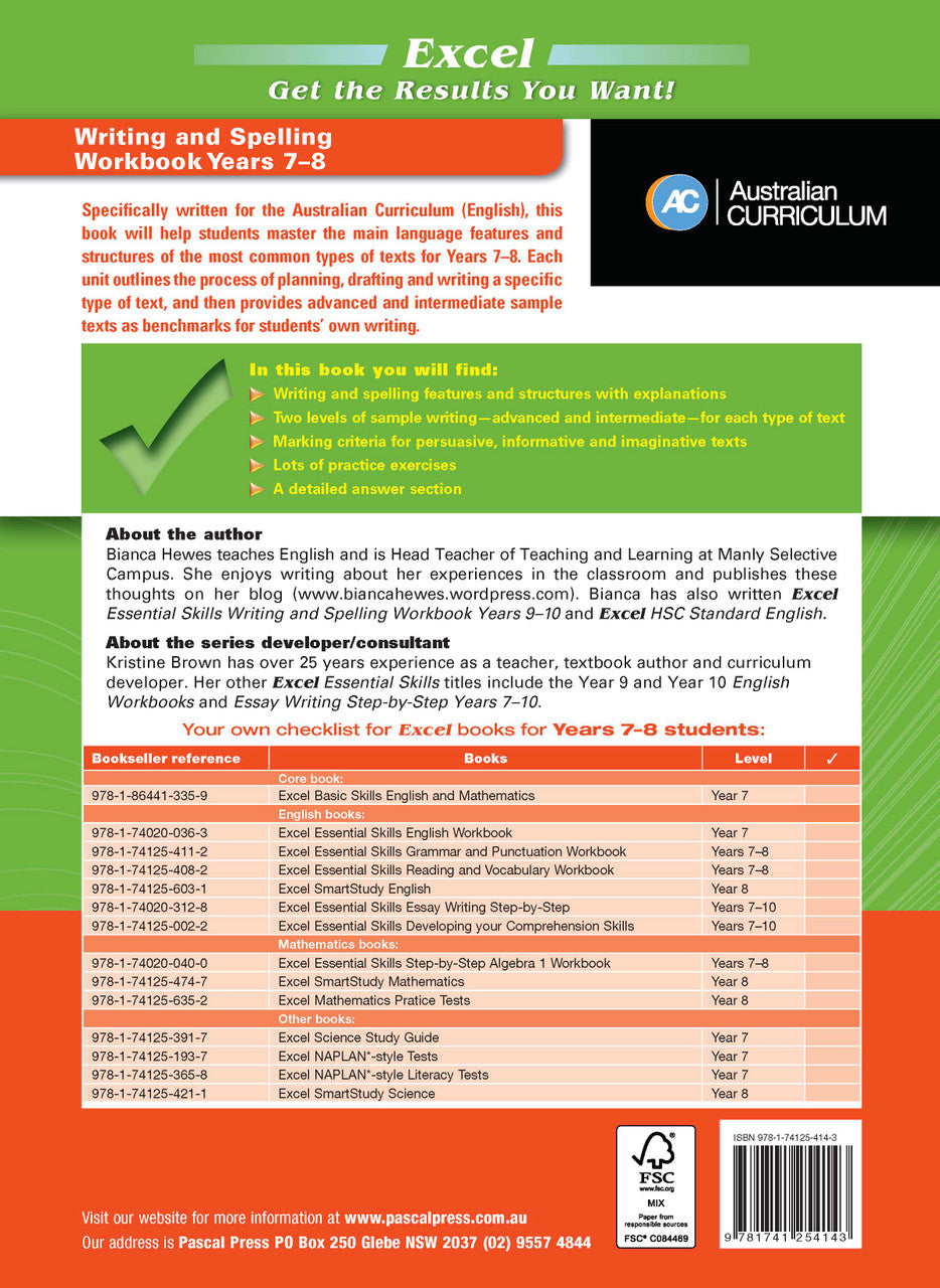 Back cover of the Excel Essential Skills Writing and Spelling Workbook Years 7-8 with the publisher's summary
