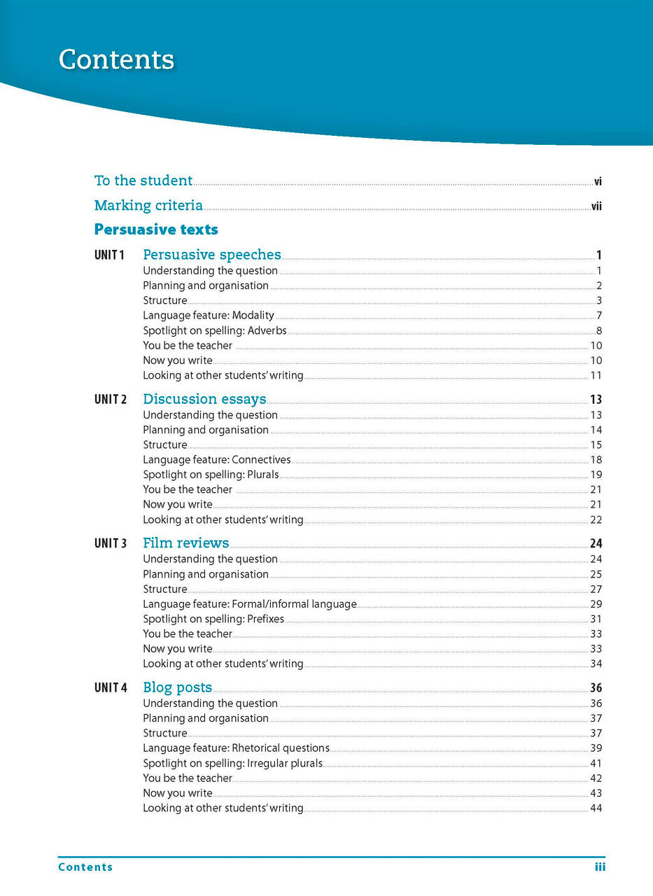 Contents page from the Excel Essential Skills Writing and Spelling Workbook Years 7-8 listing the units inside