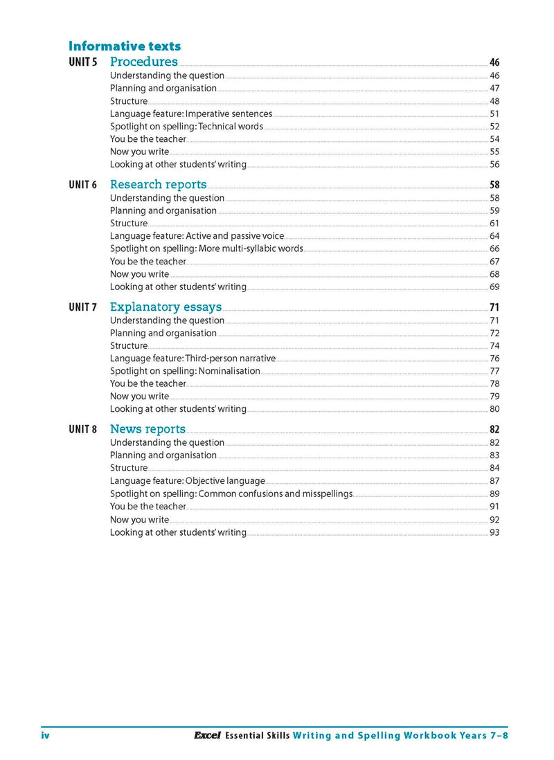 Contents page from the Excel Essential Skills Writing and Spelling Workbook Years 7-8 listing the units inside