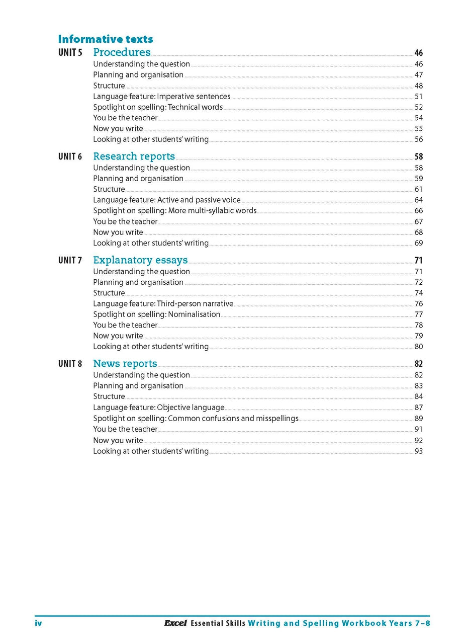 Contents page from the Excel Essential Skills Writing and Spelling Workbook Years 7-8 listing the units inside