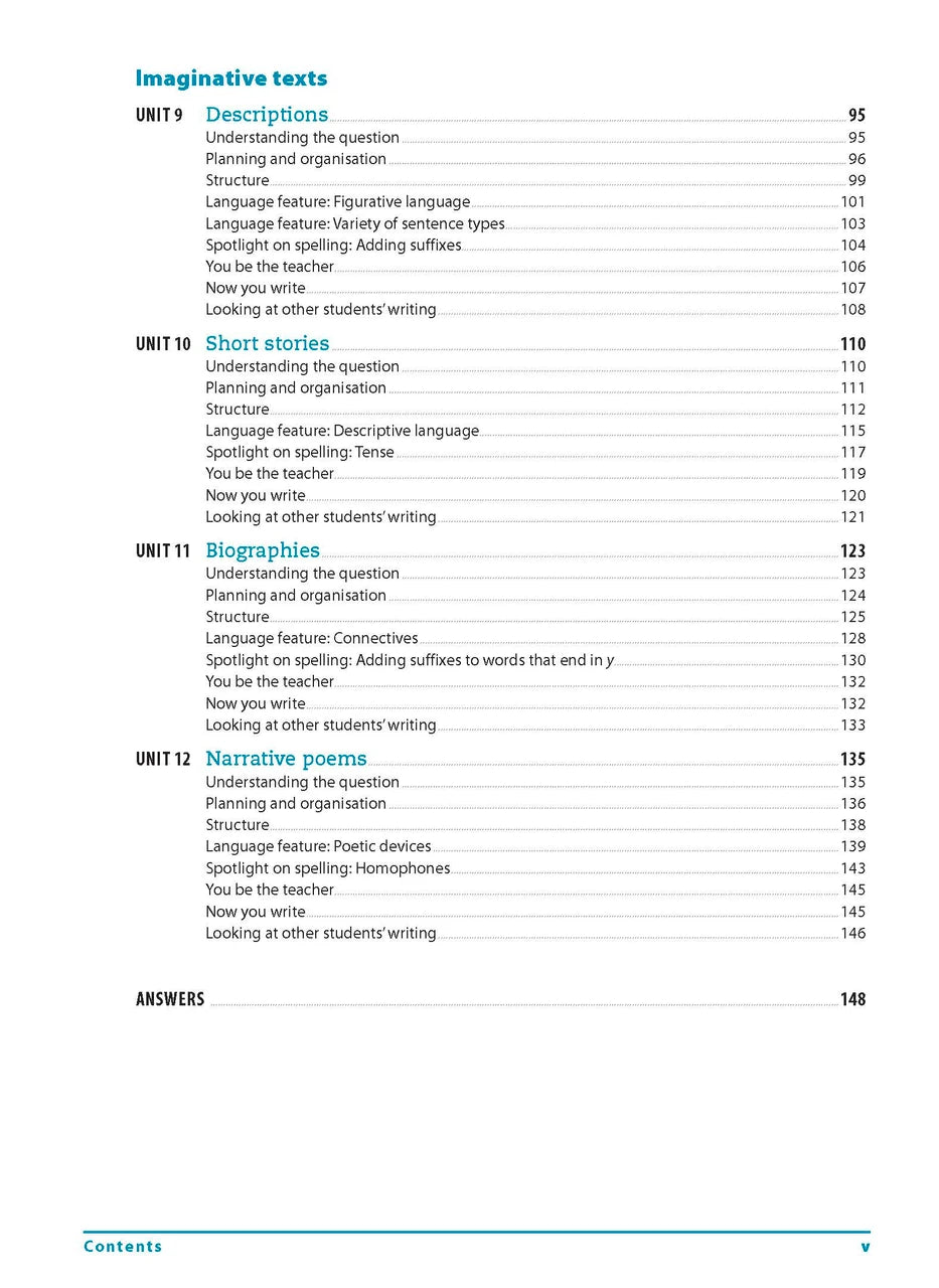 Contents page from the Excel Essential Skills Writing and Spelling Workbook Years 7-8 listing the units inside