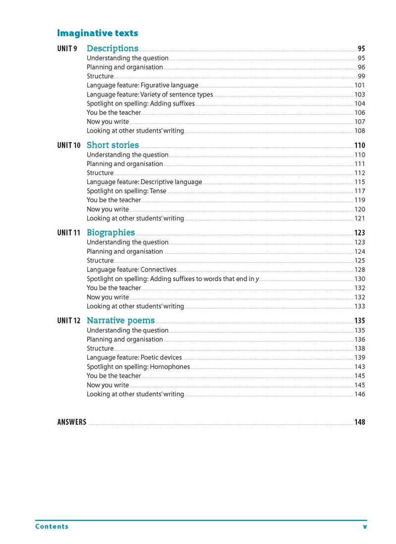 Contents page from the Excel Essential Skills Writing and Spelling Workbook Years 7-8 listing the units inside
