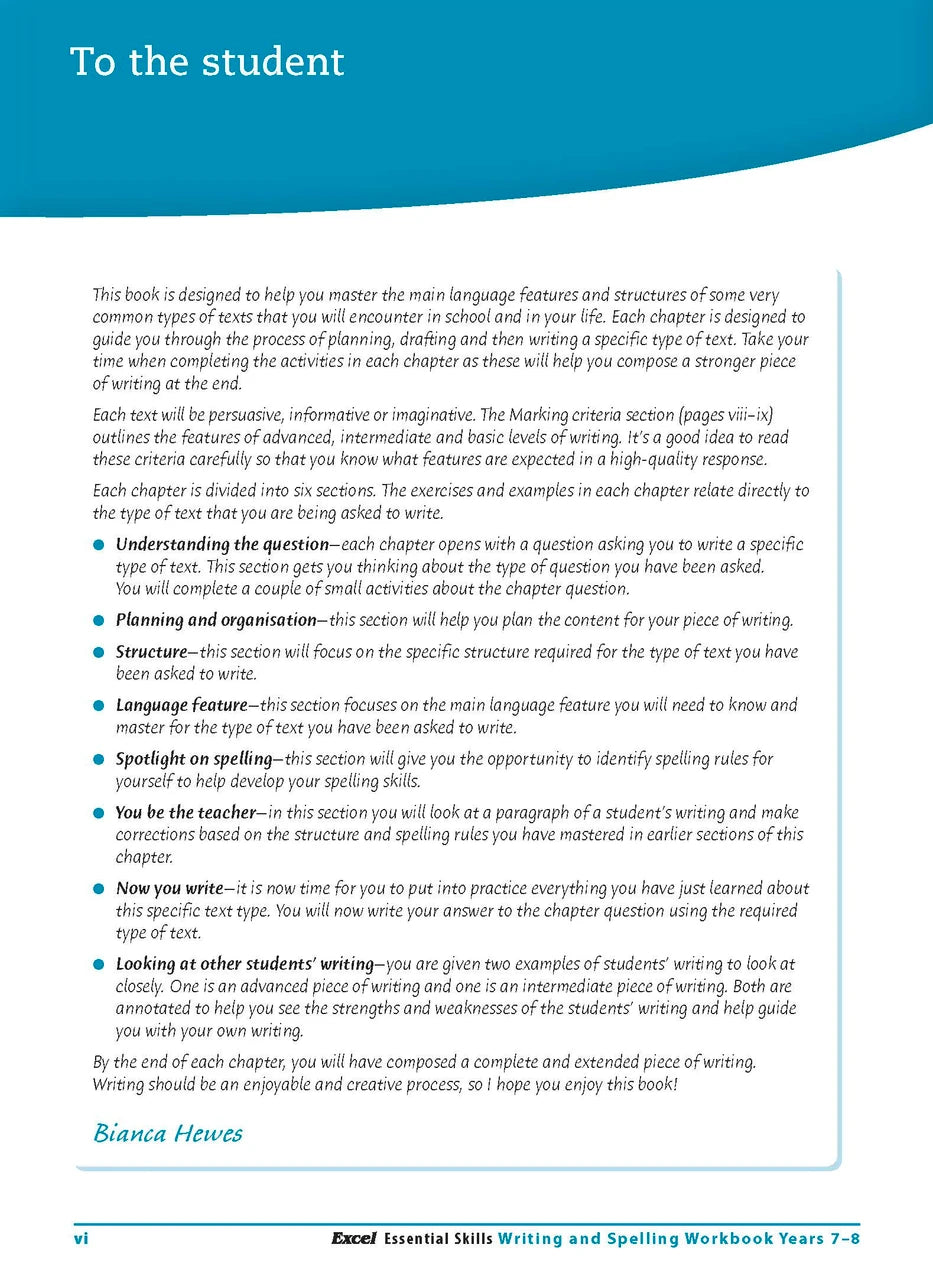 Introductory page from the front of the Excel Essential Skills Writing and Spelling Workbook Years 7-8