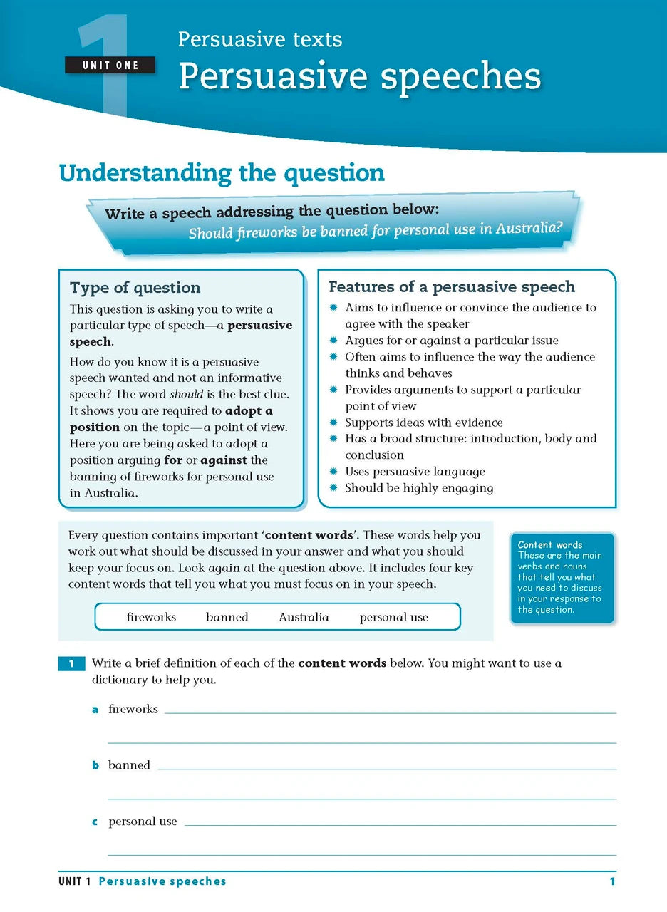 Sample interior page from the Excel Essential Skills Writing and Spelling Workbook Years 7-8 as shown in the publisher preview