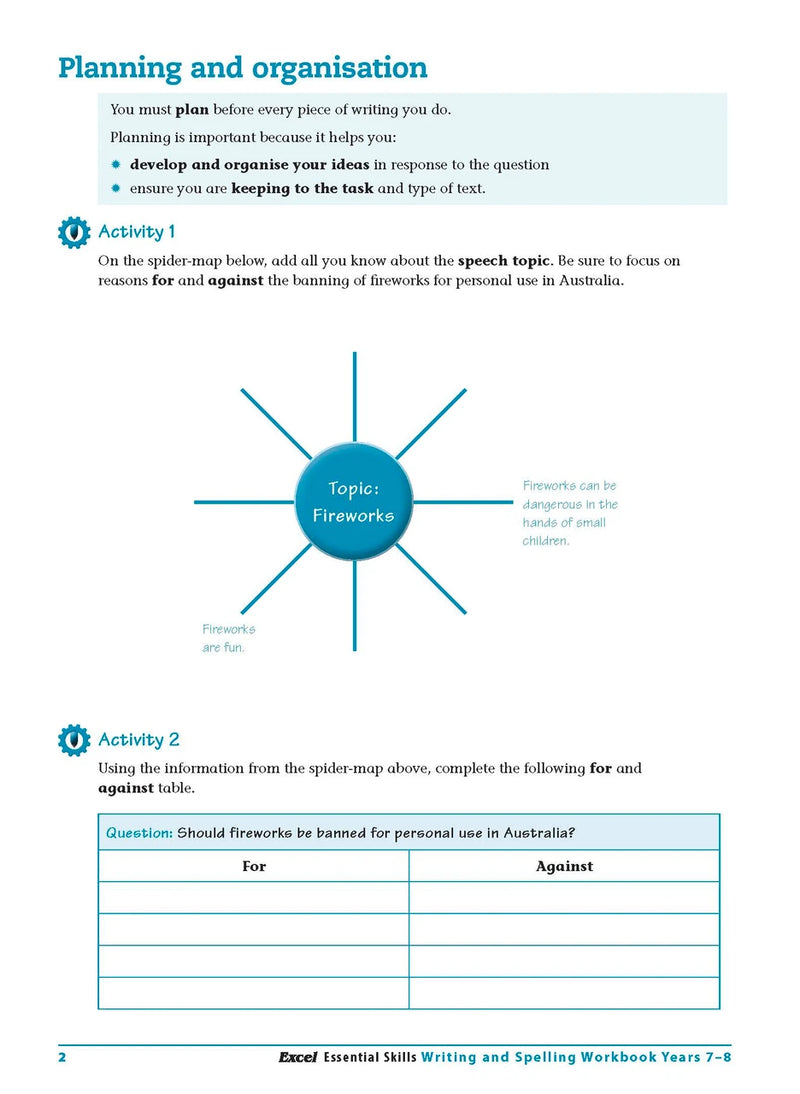 Sample interior page from the Excel Essential Skills Writing and Spelling Workbook Years 7-8 as shown in the publisher preview