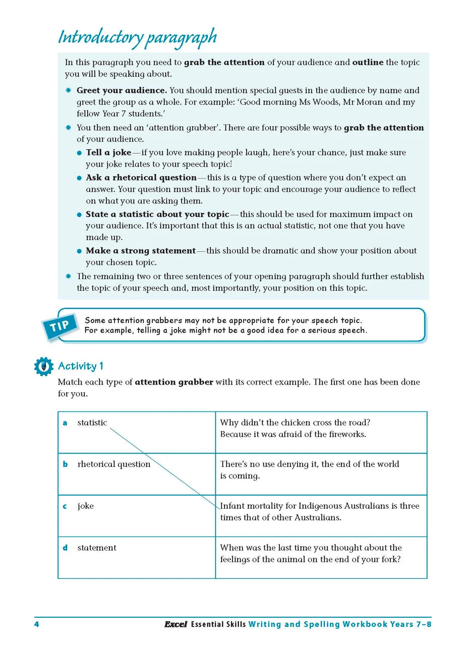 Sample interior page from the Excel Essential Skills Writing and Spelling Workbook Years 7-8 as shown in the publisher preview