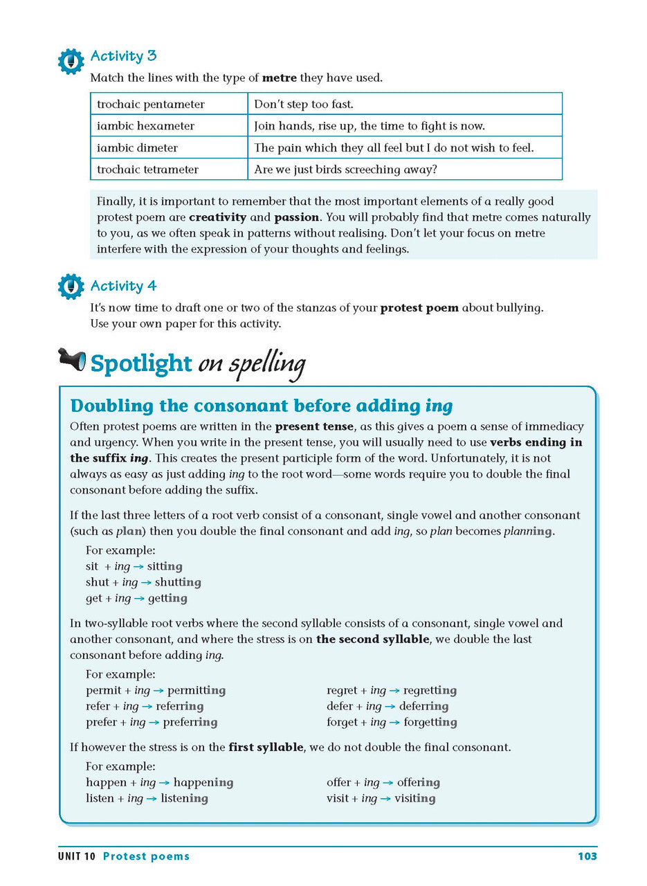 Sample interior page from the Excel Essential Skills Writing and Spelling Workbook Years 9-10 as shown in the publisher preview