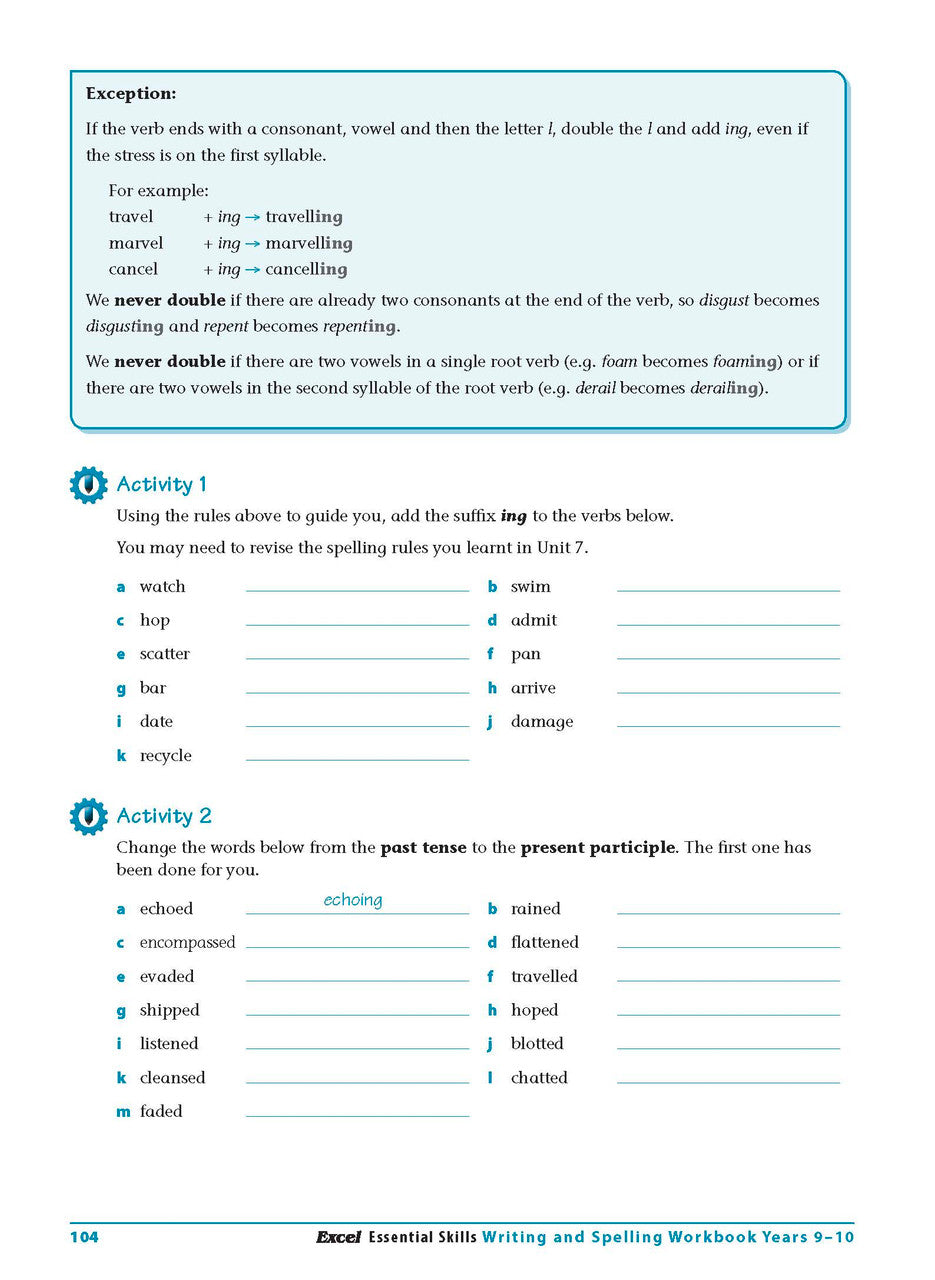 Sample interior page from the Excel Essential Skills Writing and Spelling Workbook Years 9-10 as shown in the publisher preview