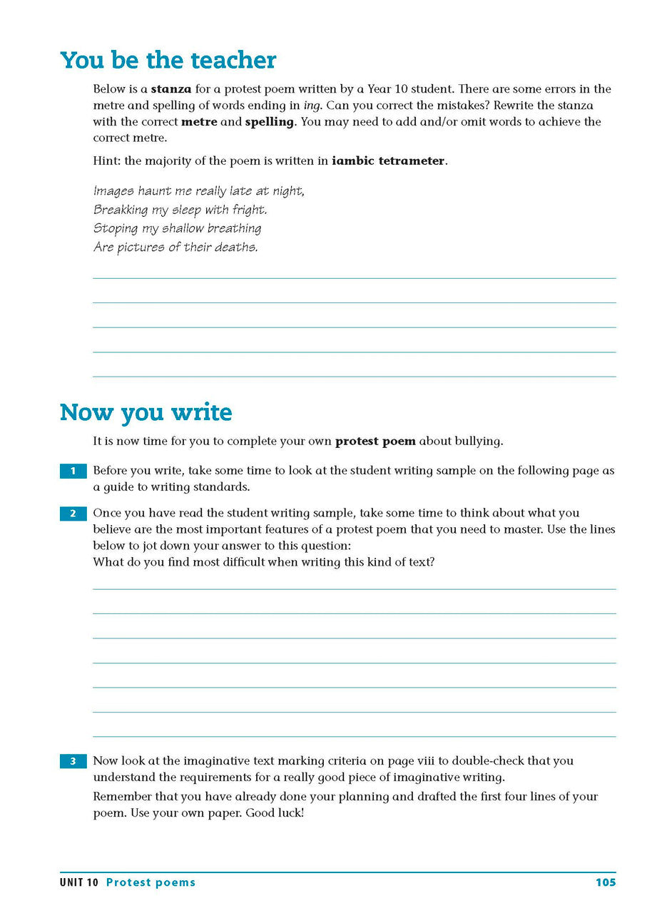 Sample interior page from the Excel Essential Skills Writing and Spelling Workbook Years 9-10 as shown in the publisher preview